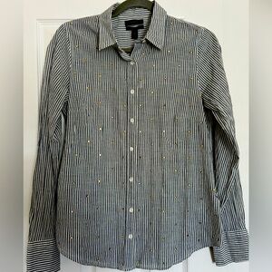 J. Crew Perfect Shirt, Gray/White Stripes with Rhinestone Accent, size 6
